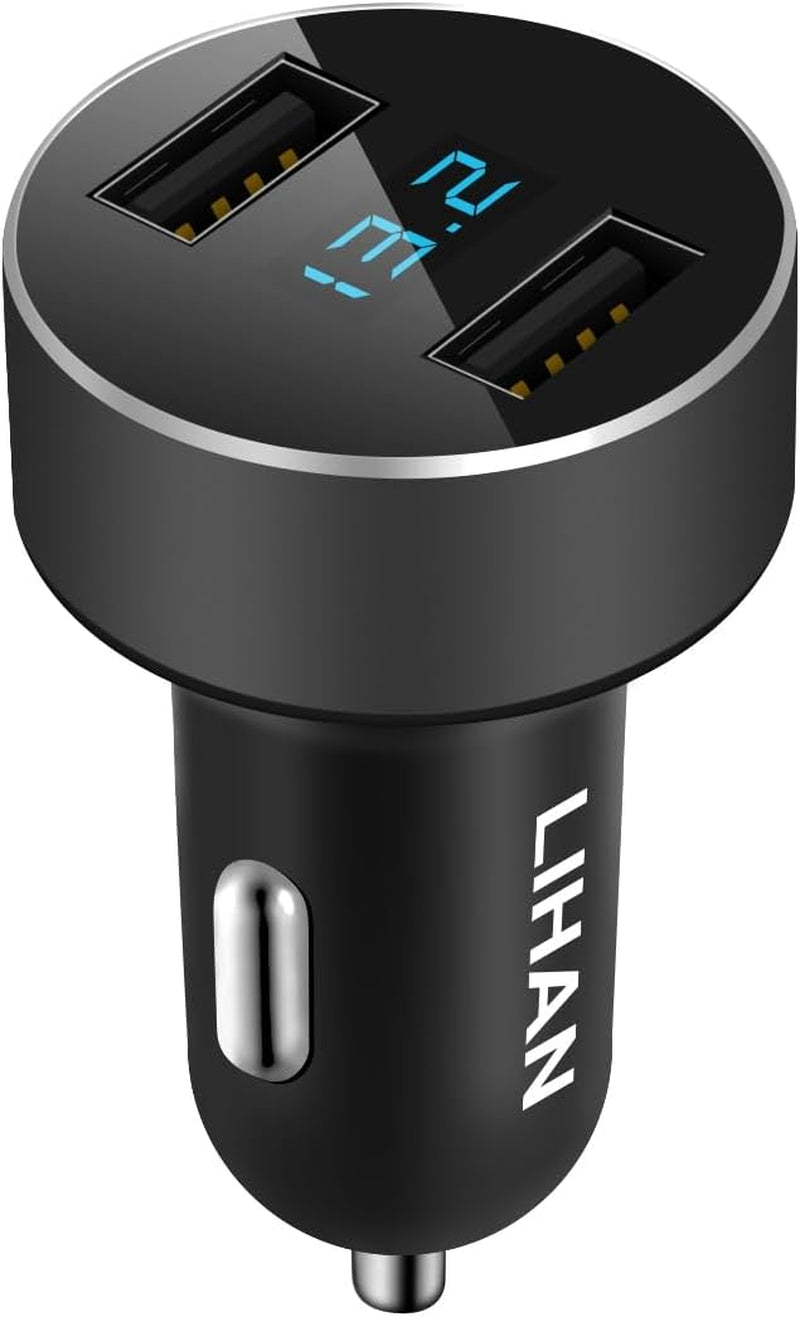 LIHAN Dual USB Car Charger, 4.8A Output, 12/24 Volt USB Adapter Plug for Cigarette Lighter Voltage Meter, Compatible with Iphone,Ipad, Samsung Galaxy, LG, Google, Black