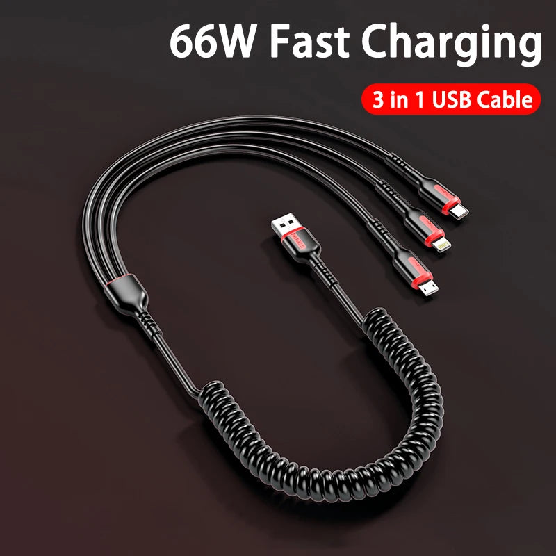 3 in 1 66W Fast Charging Cable Type C Cable Micro USB Cable for Iphone Charging Cable for Samsung Xiaomi Huawei Charger Cable