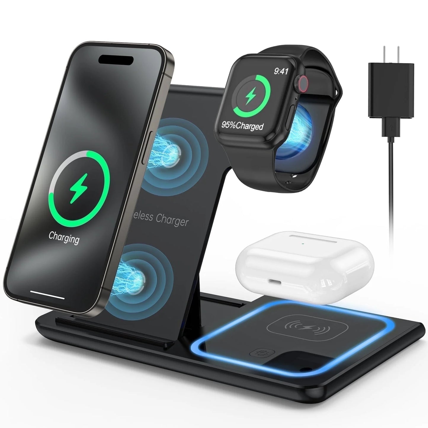 Wireless Charger,  18W Fast Iphone Charging Station for Iphone 16/15/14/13/12/11/Pro Max/Plus, 3 in 1 Wireless Charging Stand for Iwatch SE 10/9/8/7/6/5/4/3, Airpods Pro/3/2