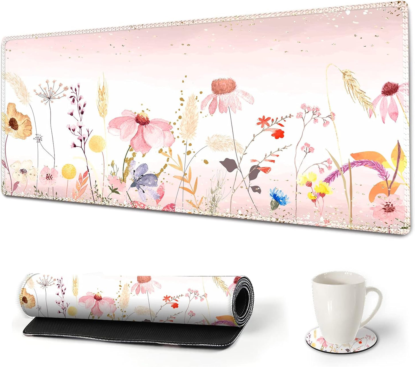 Extended Gaming Mouse Pad XXL Artso Large Keyboard Mat Long Mousepad Desk Decor Writing Pad Non Slip Rubber Base Stitched Edges for Work, Game, Office, Home, 35.1" X 15.7", Pink Marble