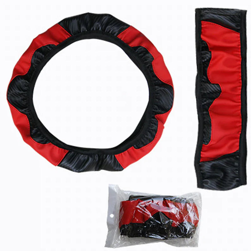 Car Steering Wheel Cover Red Black Leather Anti-Slip for 15"/38Cm Carbon Fiber