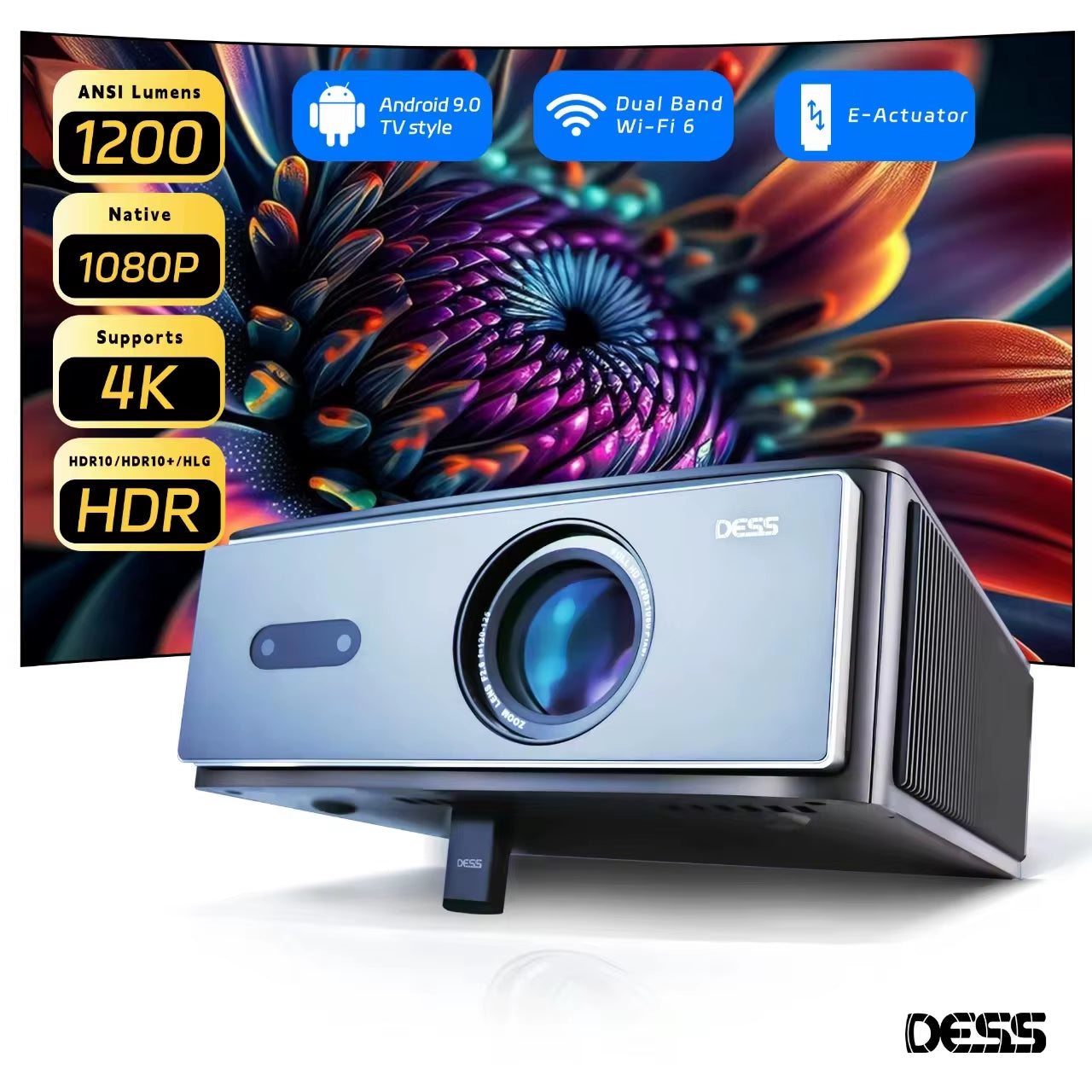 Dess C4 PRO 1080P Projector Full HD 4K 1200ANSI Projectors Video Smart TV for Home 32GB Movie Theater Beamer