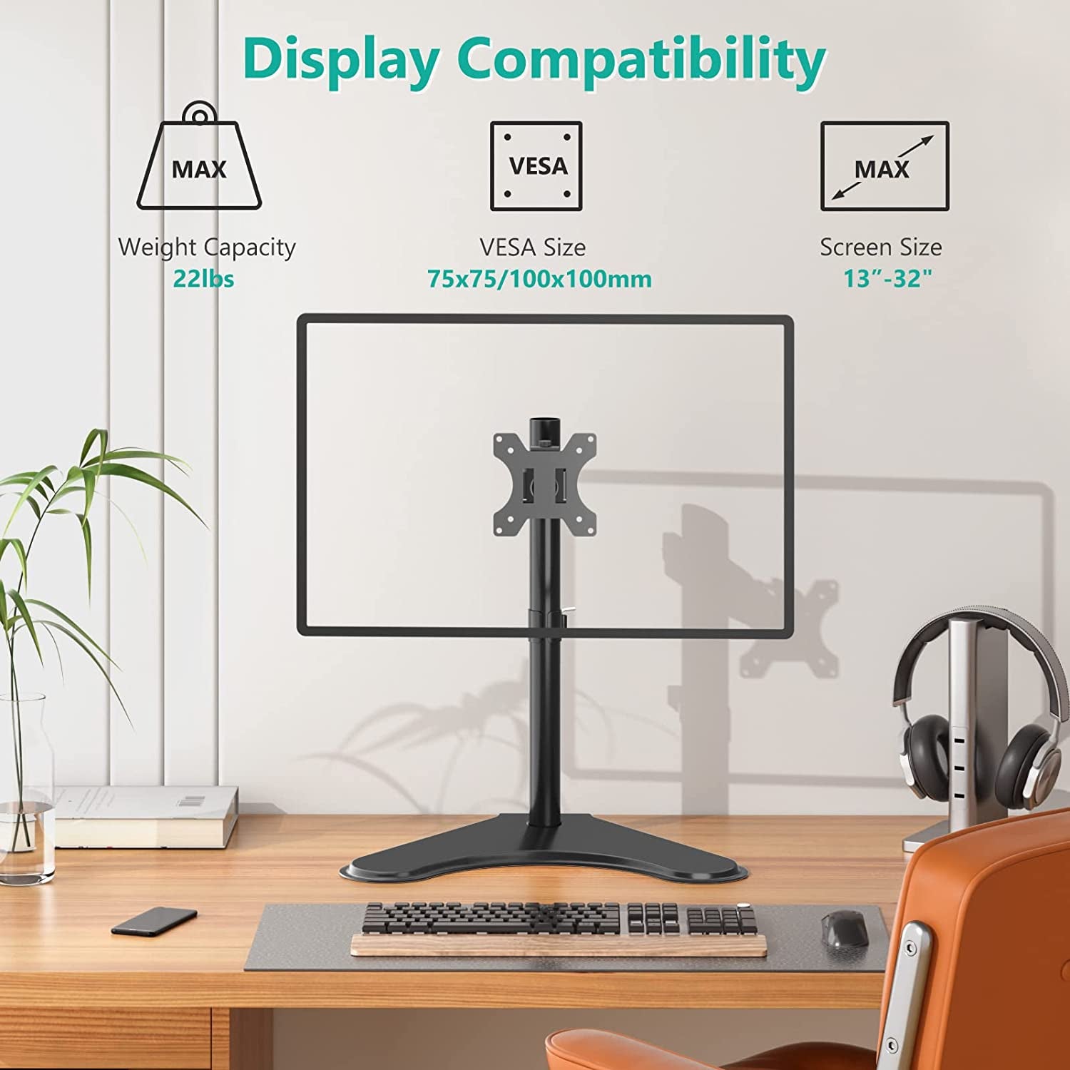 WALI Single Monitor Stand for 13-32 Inch Computer Screens, Freestanding Single Monitor Arm Desk Mount, Universal VESA Monitor Mount 75X75/100X100Mm, Adjustable Height and Angle, (MF001), Black