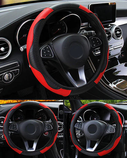 Car Steering Wheel Cover Red Black Leather Anti-Slip for 15"/38Cm Carbon Fiber