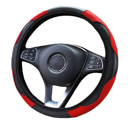 Car Steering Wheel Cover Red Black Leather Anti-Slip for 15"/38Cm Carbon Fiber