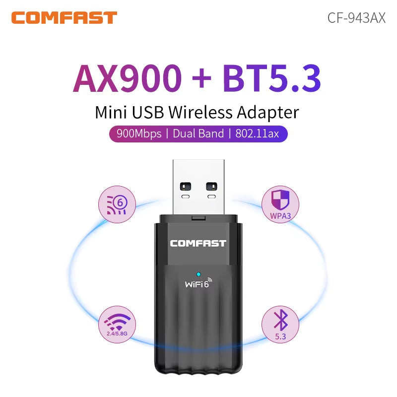 COMFAST USB Wifi Bluetooth Adapter AX900 Wifi 6 Adapter Free-Drive 2.4G&5Ghz 900Mbps Wifi Adaptador BT5.3 Win10/11 WPA3 Wifi6