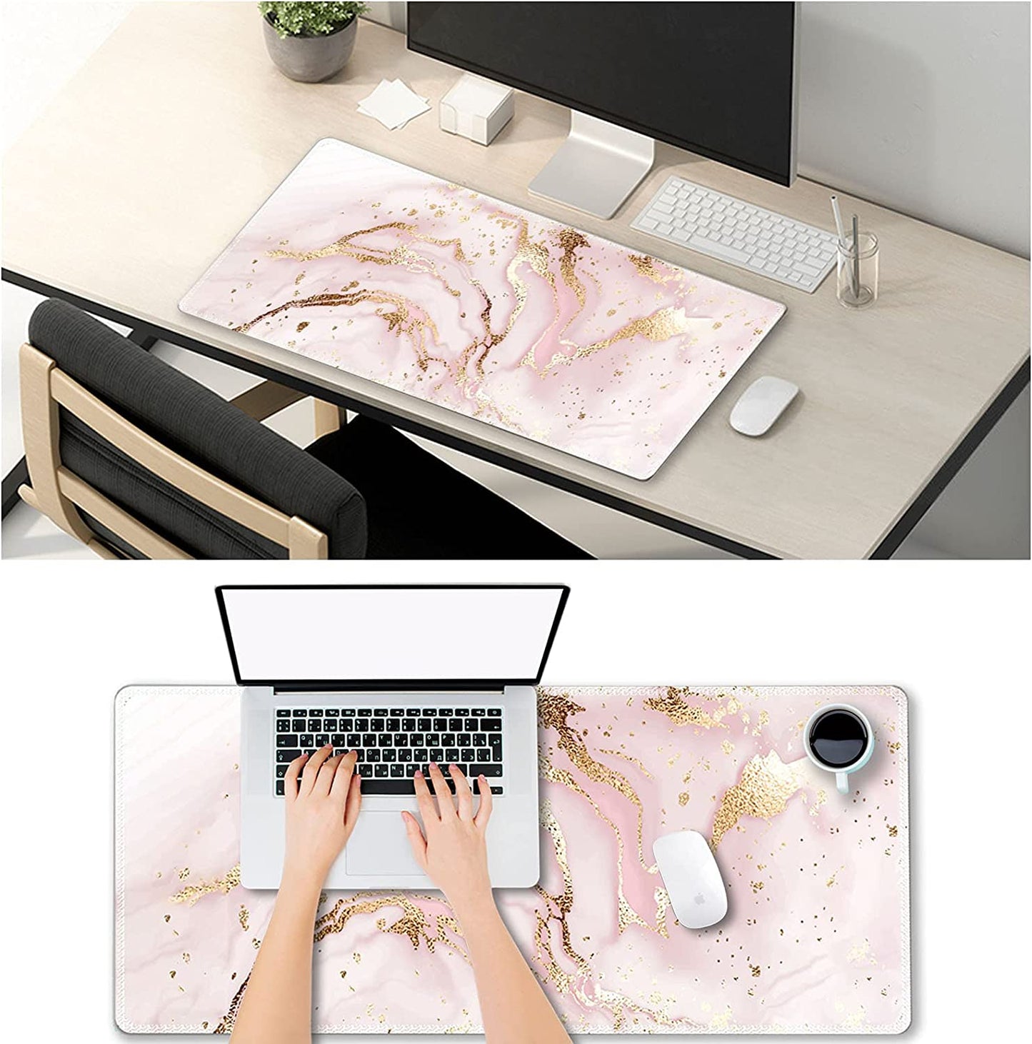 Extended Gaming Mouse Pad XXL Artso Large Keyboard Mat Long Mousepad Desk Decor Writing Pad Non Slip Rubber Base Stitched Edges for Work, Game, Office, Home, 35.1" X 15.7", Pink Marble
