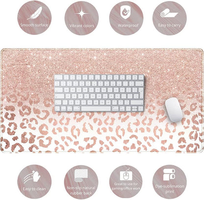 Desk Mat XXL Mouse Pad, Pink Rose Gold Leopard Print Office Supplies and Accessories Decor for Women 31.5X15.75In,Stitched Edges Smooth Non-Slip Bottom, Large Pad