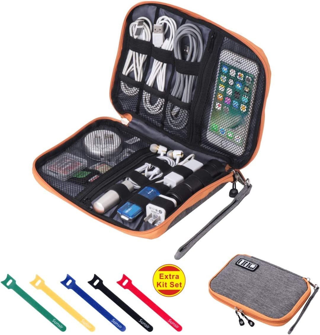 Travel Cable Organizer Bag Waterproof Portable Electronic Accessories Organizer for USB Cable Cord Phone Charger Headset Wire SD Card with 5Pcs Cable Ties(Grey)