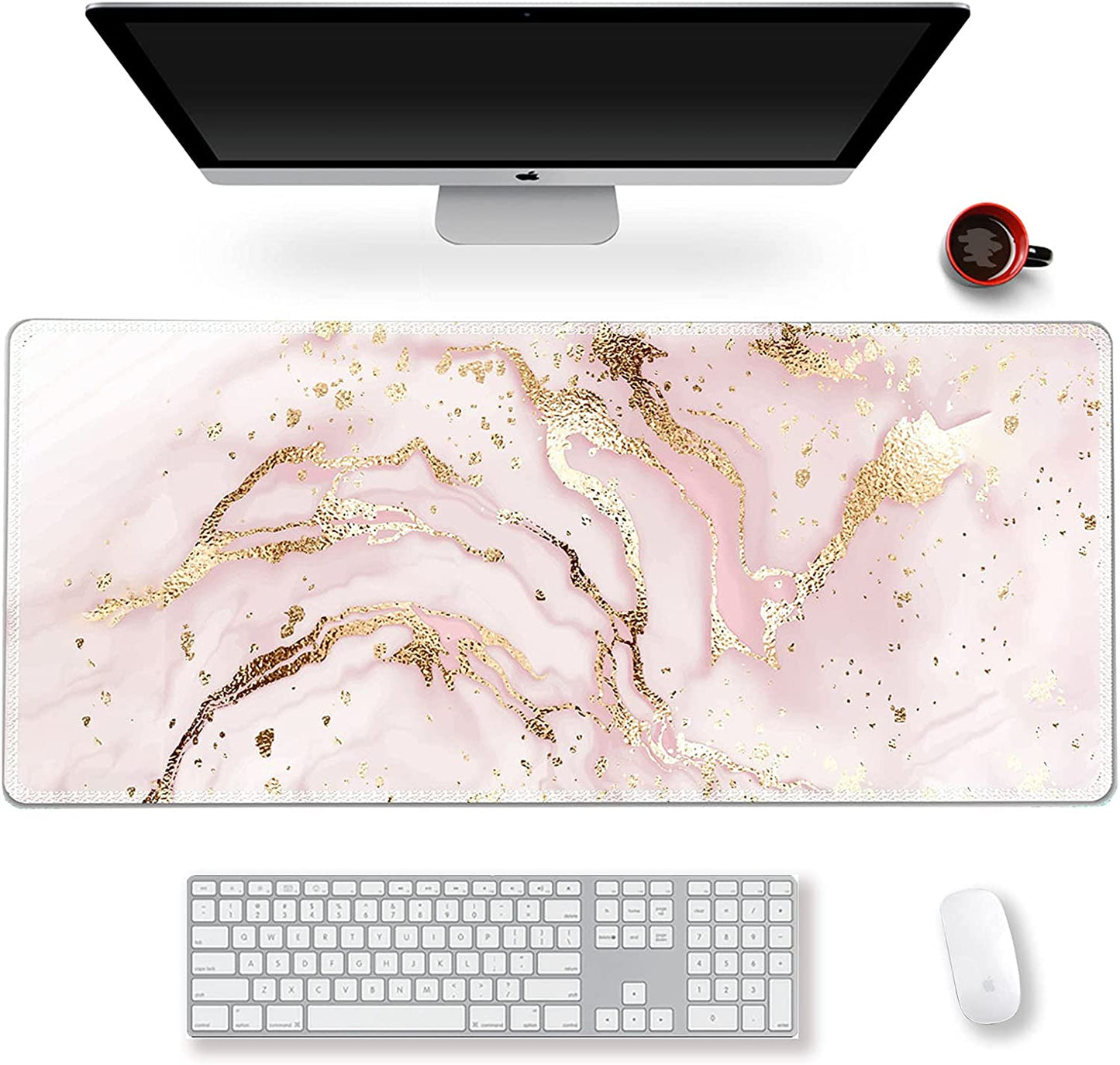 Extended Gaming Mouse Pad XXL Artso Large Keyboard Mat Long Mousepad Desk Decor Writing Pad Non Slip Rubber Base Stitched Edges for Work, Game, Office, Home, 35.1" X 15.7", Pink Marble