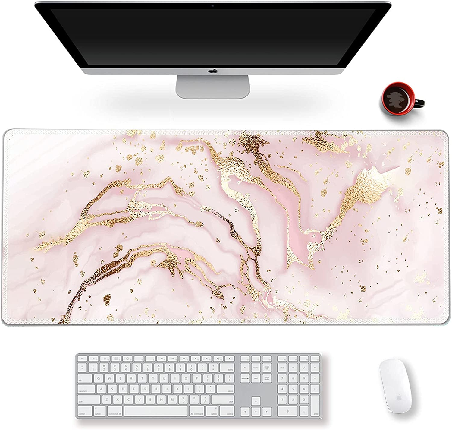 Extended Gaming Mouse Pad XXL Artso Large Keyboard Mat Long Mousepad Desk Decor Writing Pad Non Slip Rubber Base Stitched Edges for Work, Game, Office, Home, 35.1" X 15.7", Pink Marble