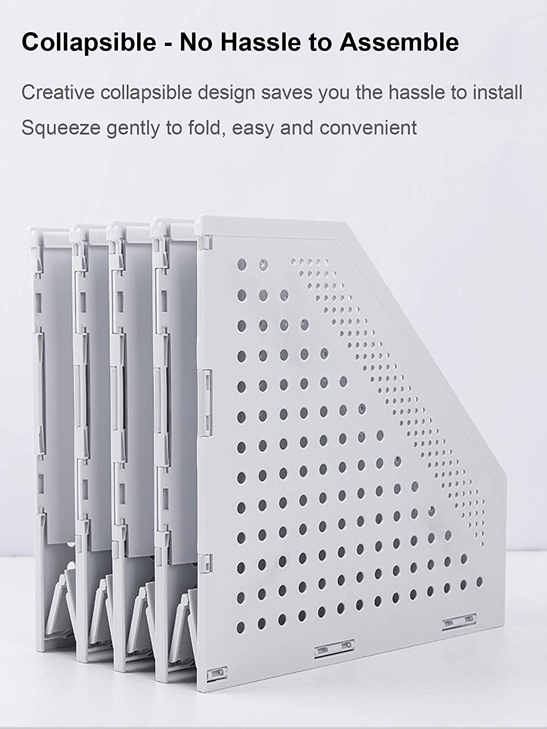 Leven Collapsible Magazine File Holder/Desk Organizer for Office Organization and Storage with 4 Vertical Compartments, Light Grey
