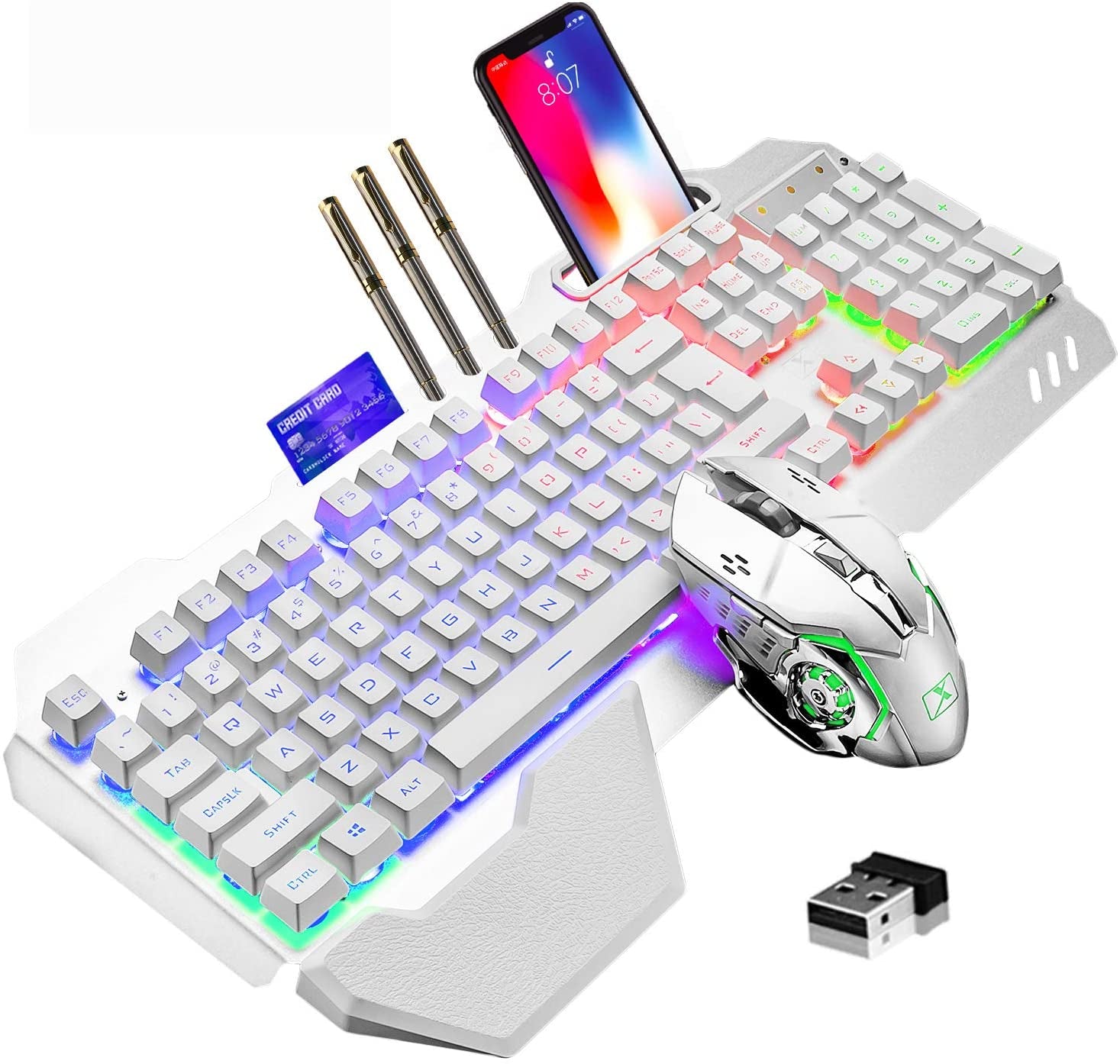 Wireless Gaming Keyboard and Mouse,Rainbow Backlit Rechargeable Keyboard Mouse with 3800Mah Battery Metal Panel,Removable Hand Rest Mechanical Feel Keyboard and 7 Color Gaming Mute Mouse for PC Gamers