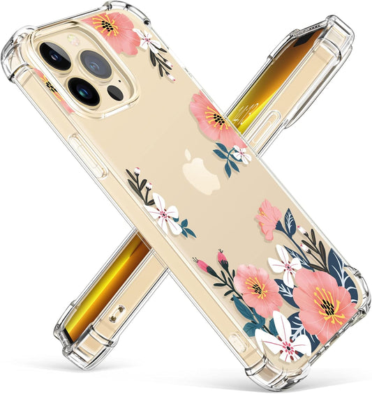 GVIEWIN Case Compatible with Iphone 13 Pro Max 6.7 Inch 2021, Clear Floral Soft & Flexible TPU Shockproof Protective Cover for Women Girls, Flower Pattern Design Phone Case (Summer Blossom/Pink)