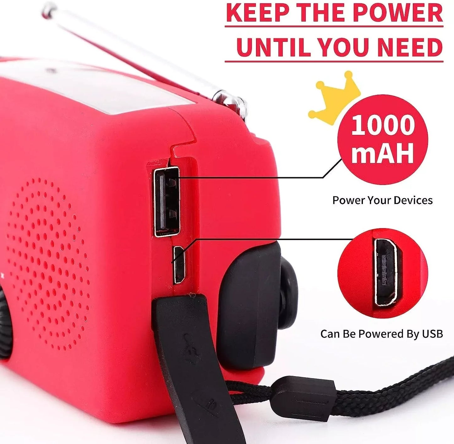 Emergency Radio Crank Solar Hand Weather 1000Mah Power Bank Charger Flash Light