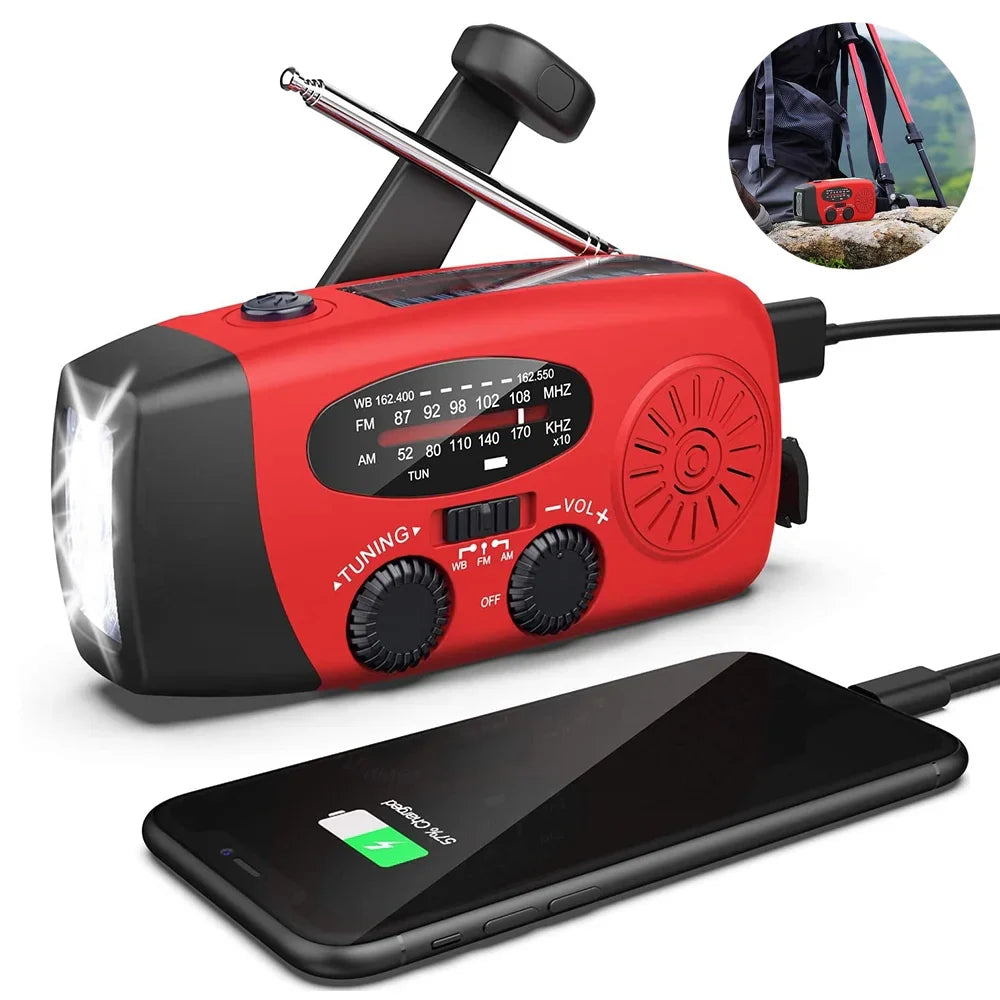 Emergency Radio Crank Solar Hand Weather 1000Mah Power Bank Charger Flash Light