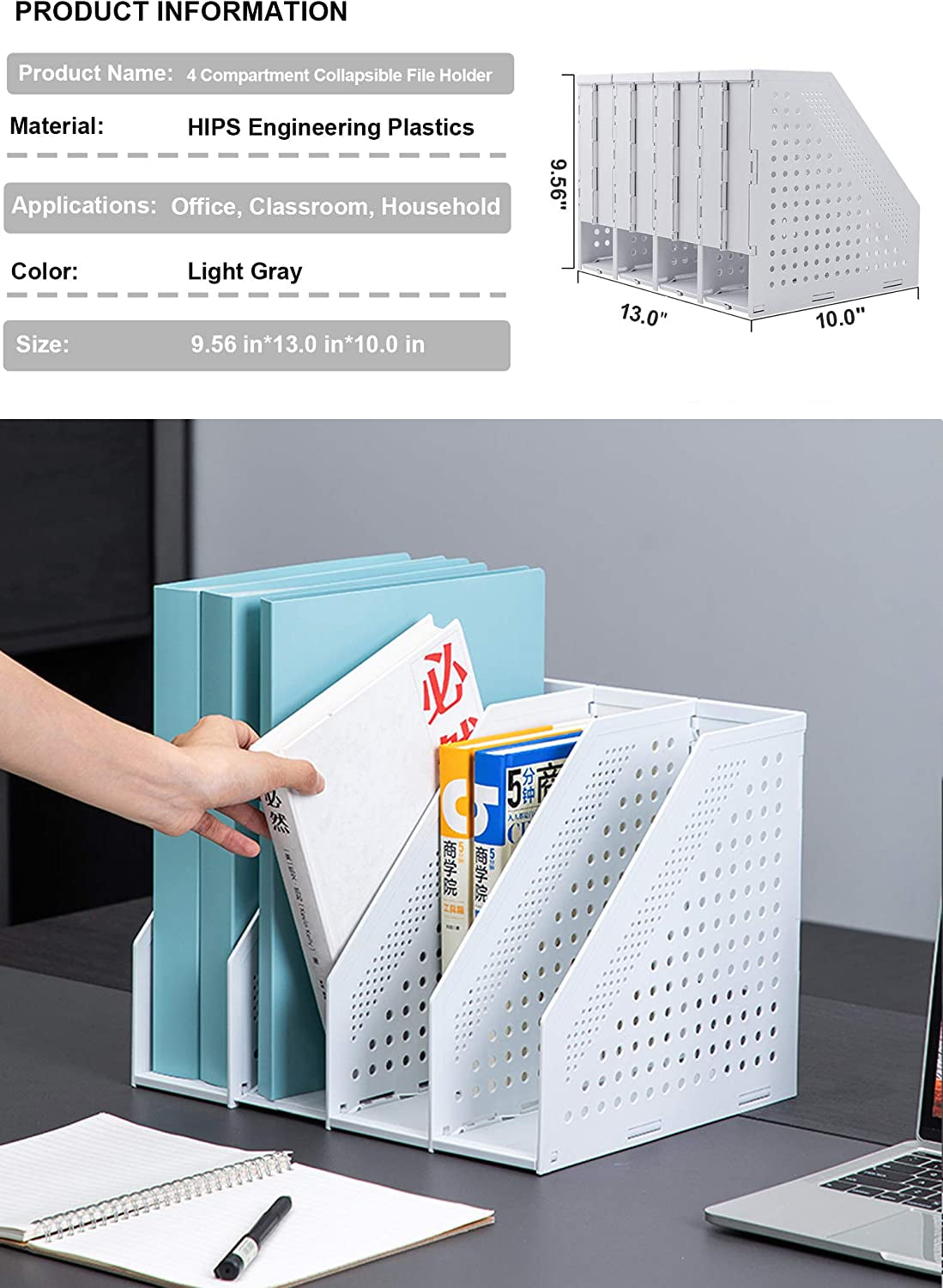 Leven Collapsible Magazine File Holder/Desk Organizer for Office Organization and Storage with 4 Vertical Compartments, Light Grey