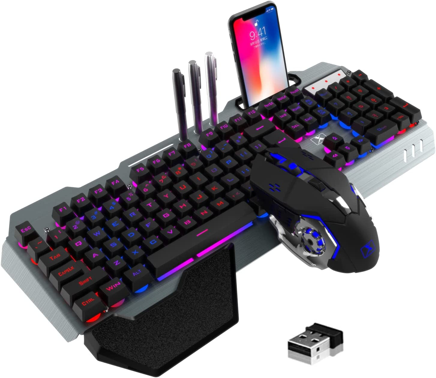 Wireless Gaming Keyboard and Mouse,Rainbow Backlit Rechargeable Keyboard Mouse with 3800Mah Battery Metal Panel,Removable Hand Rest Mechanical Feel Keyboard and 7 Color Gaming Mute Mouse for PC Gamers