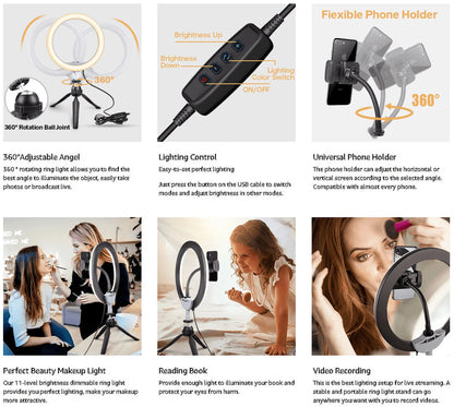 10" LED Selfie Ring Light with Tripod Stand & Phone Holder, Dimmable Desk Makeup Ring Light, Perfect for Live Streaming & Youtube Video, Photography, 3 Light Modes and 11 Brightness Levels
