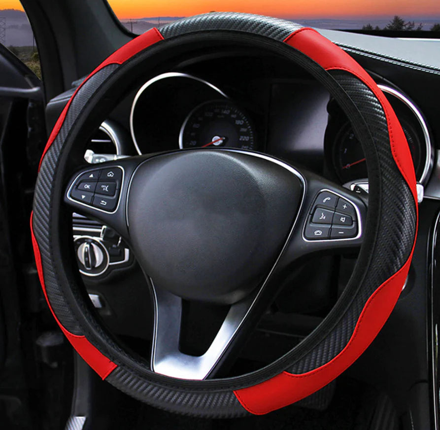Car Steering Wheel Cover Red Black Leather Anti-Slip for 15"/38Cm Carbon Fiber