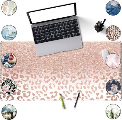 Desk Mat XXL Mouse Pad, Pink Rose Gold Leopard Print Office Supplies and Accessories Decor for Women 31.5X15.75In,Stitched Edges Smooth Non-Slip Bottom, Large Pad