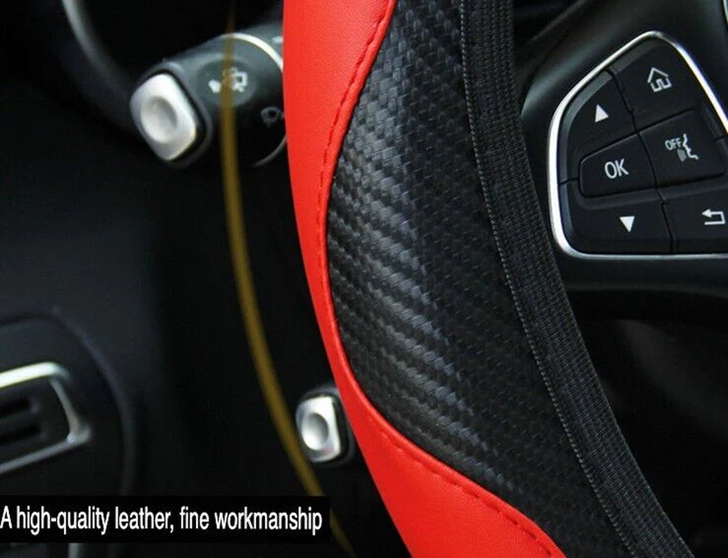Car Steering Wheel Cover Red Black Leather Anti-Slip for 15"/38Cm Carbon Fiber