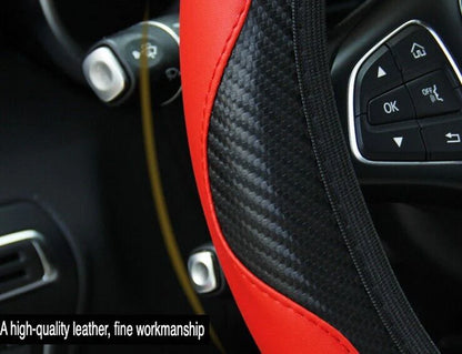 Car Steering Wheel Cover Red Black Leather Anti-Slip for 15"/38Cm Carbon Fiber