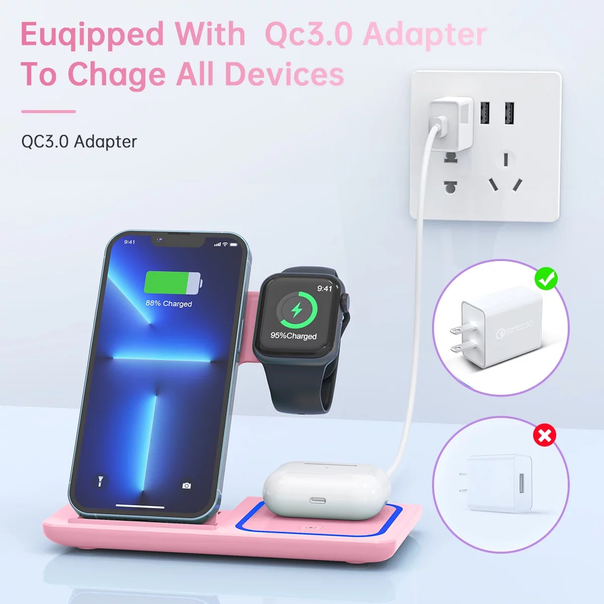 Wireless Charger, 18W 3 in 1 Wireless Charging Station for Iphone 16E 15 14 13 12 Pro XR XS, Fast Charing Stand for Iwatch 10/9/8/7/6/SE/5/4/3, Airpods 4/3/2/Pro, Samsung Galaxy S23 S22 S21 20(Pink)