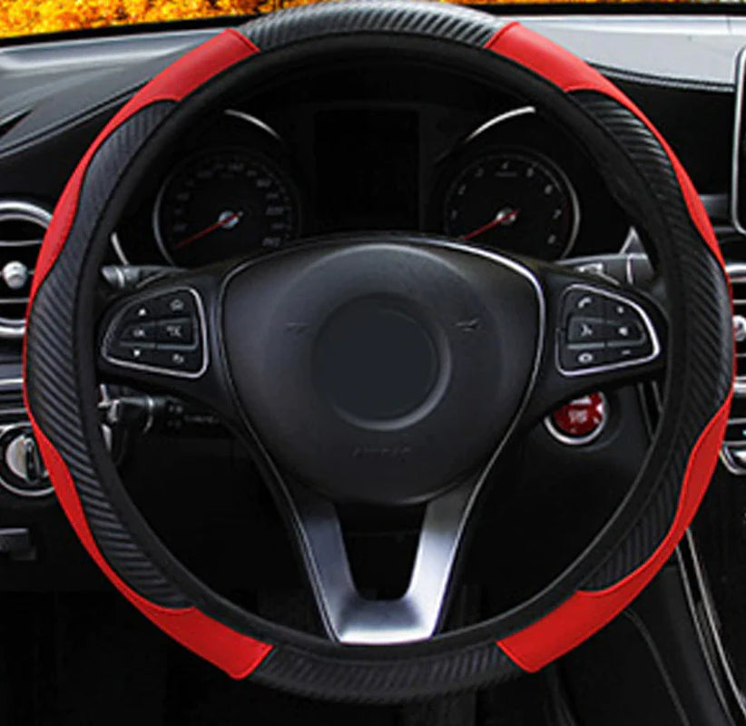 Car Steering Wheel Cover Red Black Leather Anti-Slip for 15"/38Cm Carbon Fiber