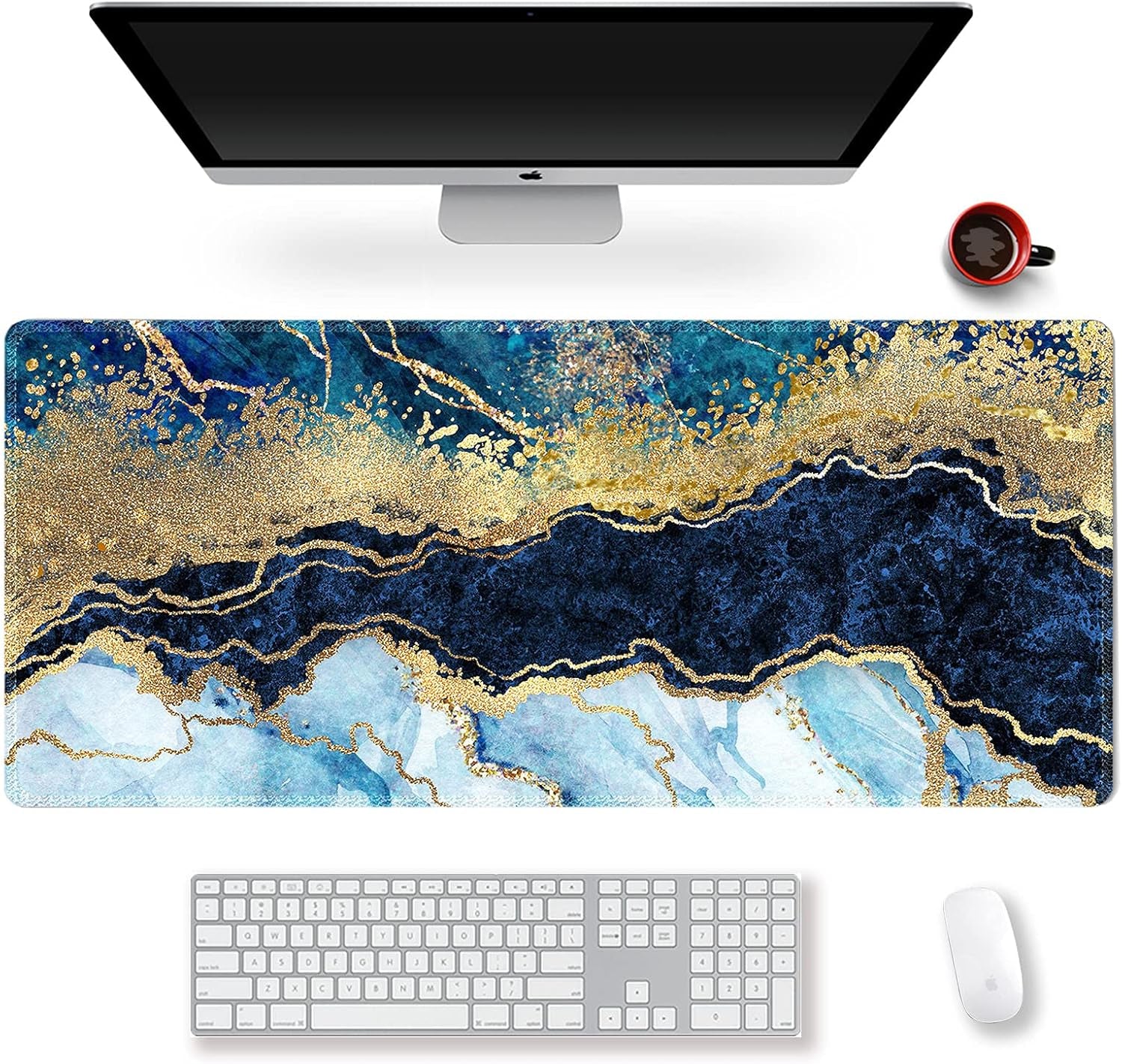 Extended Gaming Mouse Pad XXL Artso Large Keyboard Mat Long Mousepad Desk Decor Writing Pad Non Slip Rubber Base Stitched Edges for Work, Game, Office, Home, 35.1" X 15.7", Pink Marble