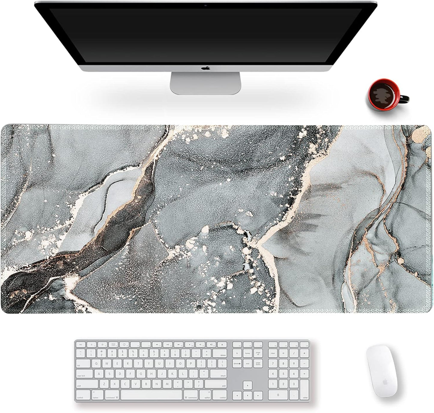 Extended Gaming Mouse Pad XXL Artso Large Keyboard Mat Long Mousepad Desk Decor Writing Pad Non Slip Rubber Base Stitched Edges for Work, Game, Office, Home, 35.1" X 15.7", Pink Marble