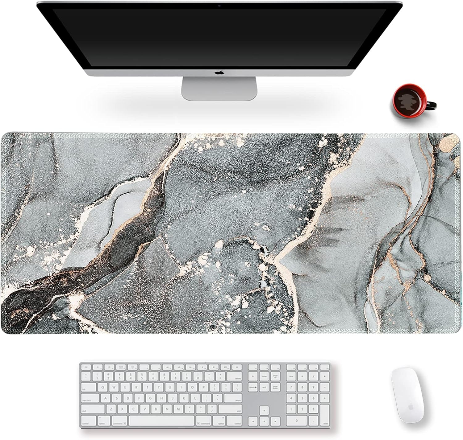 Extended Gaming Mouse Pad XXL Artso Large Keyboard Mat Long Mousepad Desk Decor Writing Pad Non Slip Rubber Base Stitched Edges for Work, Game, Office, Home, 35.1" X 15.7", Pink Marble