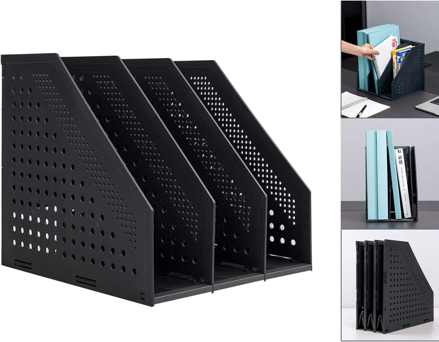 Leven Collapsible Magazine File Holder/Desk Organizer for Office Organization and Storage with 4 Vertical Compartments, Light Grey