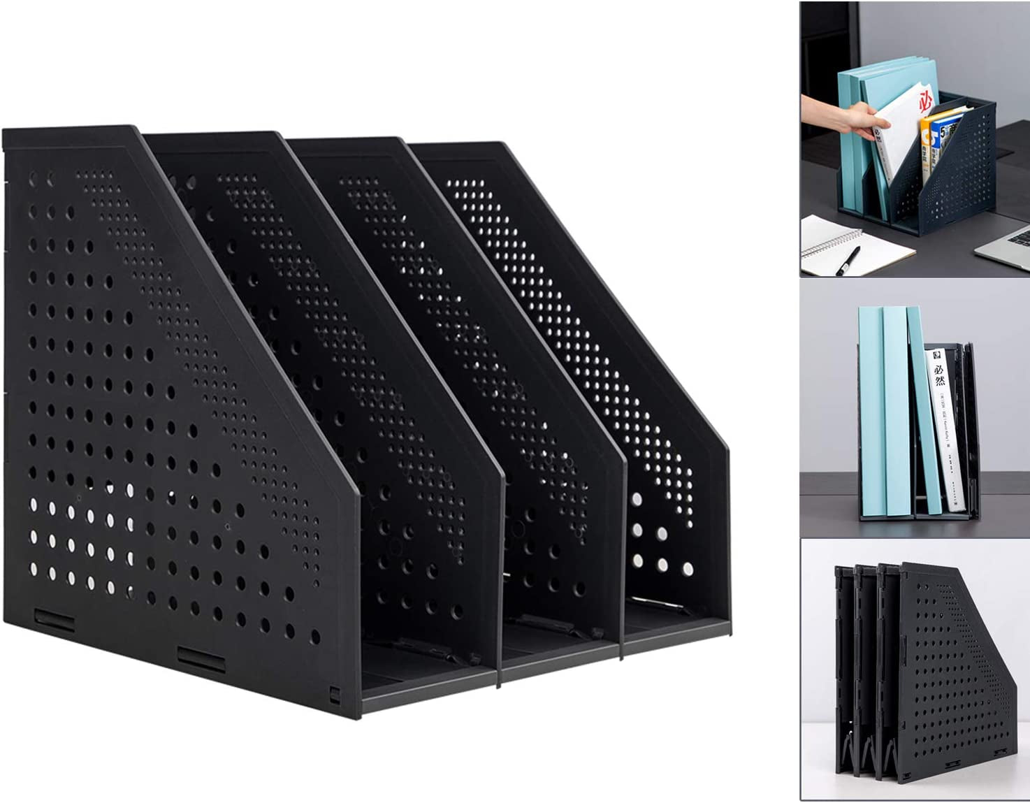 Leven Collapsible Magazine File Holder/Desk Organizer for Office Organization and Storage with 4 Vertical Compartments, Light Grey