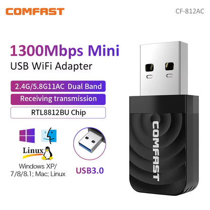 Comfast 650M/1300Mbps Wifi Adapter 2.4G&5.8G Wireless Network Card 11AC Wifi USB Adaptador Laptop PC Wifi Receiver Win 7 8 10 11