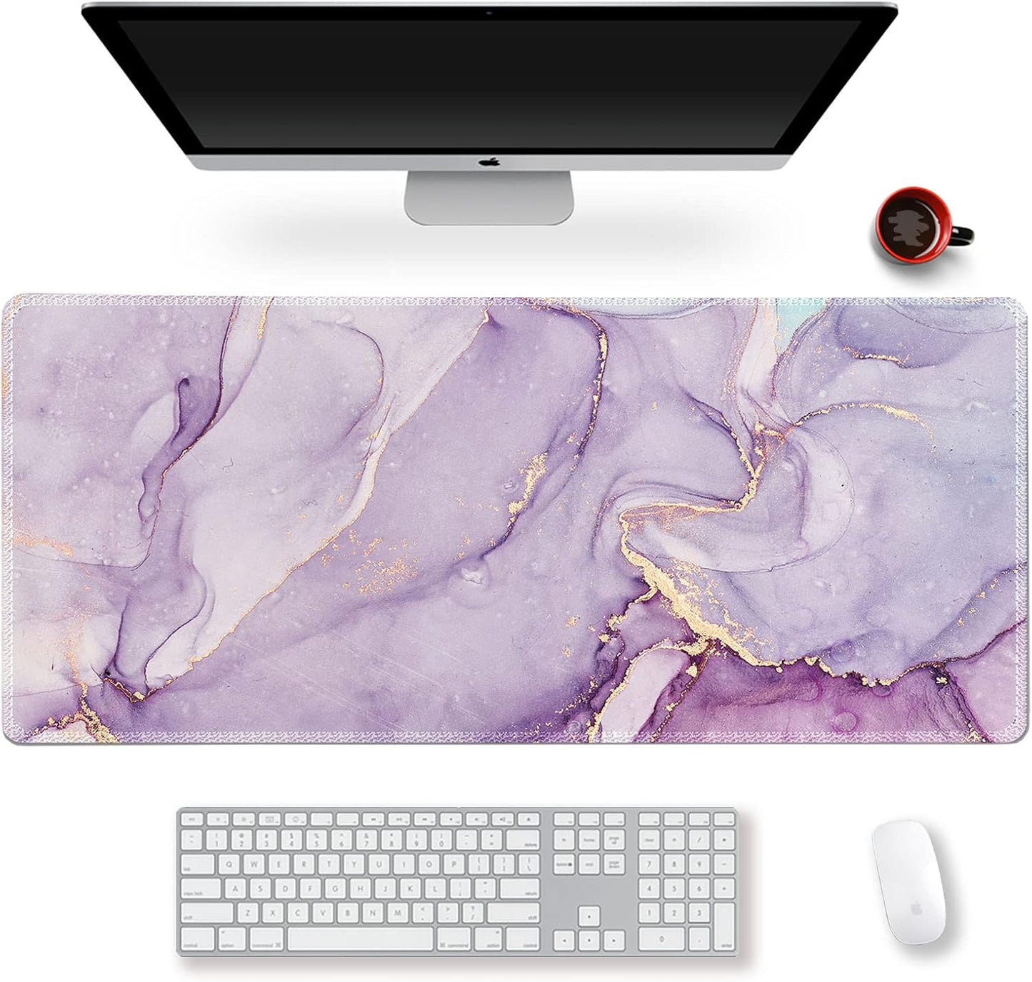 Extended Gaming Mouse Pad XXL Artso Large Keyboard Mat Long Mousepad Desk Decor Writing Pad Non Slip Rubber Base Stitched Edges for Work, Game, Office, Home, 35.1" X 15.7", Pink Marble