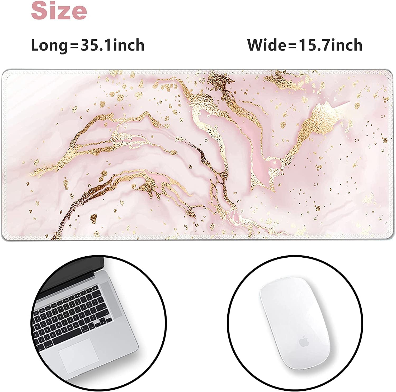 Extended Gaming Mouse Pad XXL Artso Large Keyboard Mat Long Mousepad Desk Decor Writing Pad Non Slip Rubber Base Stitched Edges for Work, Game, Office, Home, 35.1" X 15.7", Pink Marble