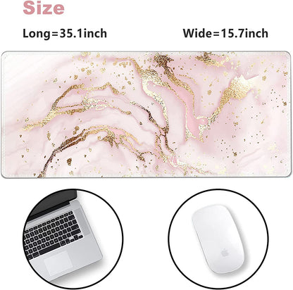 Extended Gaming Mouse Pad XXL Artso Large Keyboard Mat Long Mousepad Desk Decor Writing Pad Non Slip Rubber Base Stitched Edges for Work, Game, Office, Home, 35.1" X 15.7", Pink Marble