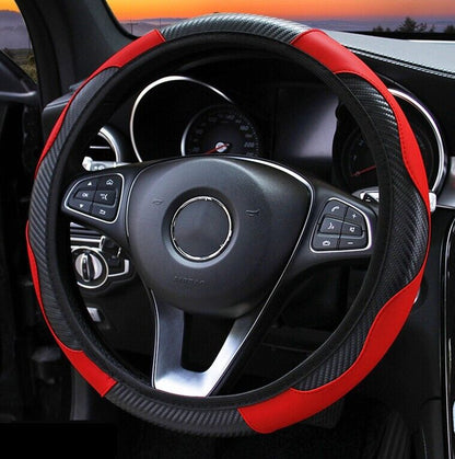 Car Steering Wheel Cover Red Black Leather Anti-Slip for 15"/38Cm Carbon Fiber