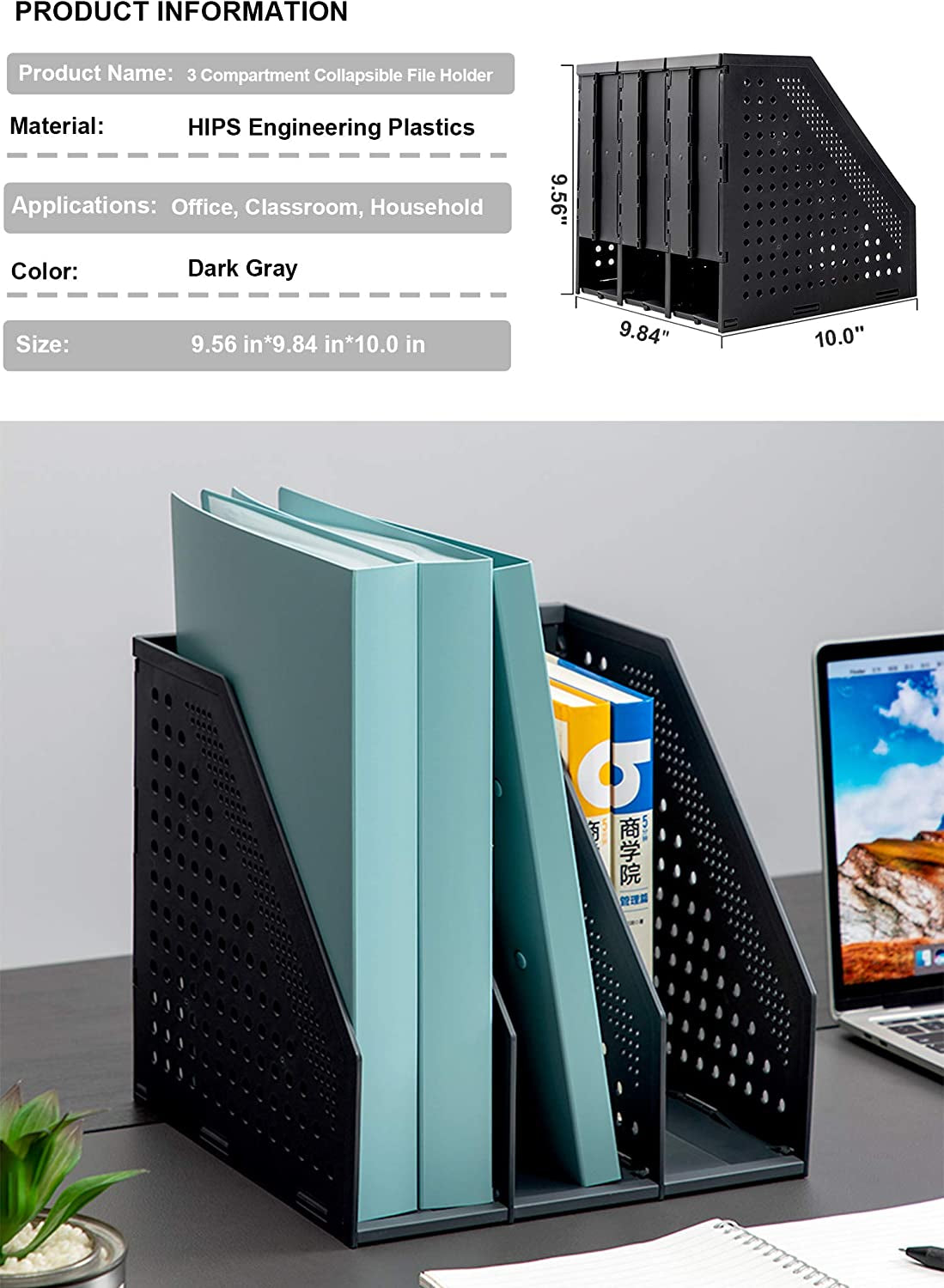 Leven Collapsible Magazine File Holder/Desk Organizer for Office Organization and Storage with 3 Vertical Compartments, Dark Grey,