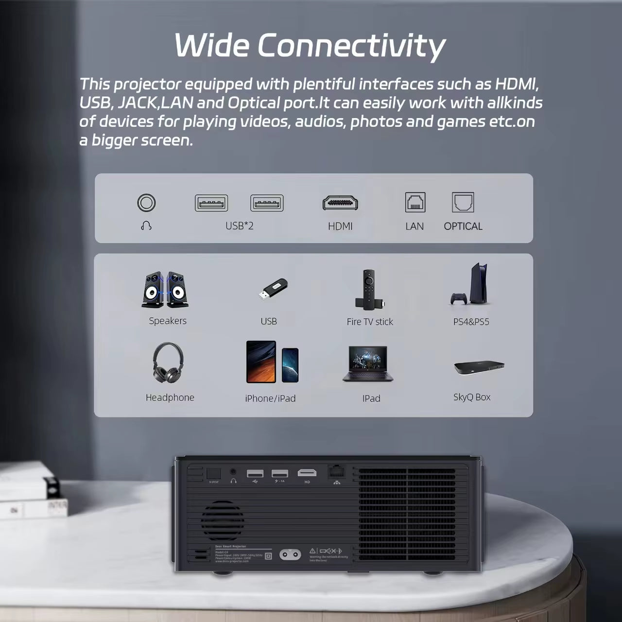 Dess C4 PRO 1080P Projector Full HD 4K 1200ANSI Projectors Video Smart TV for Home 32GB Movie Theater Beamer