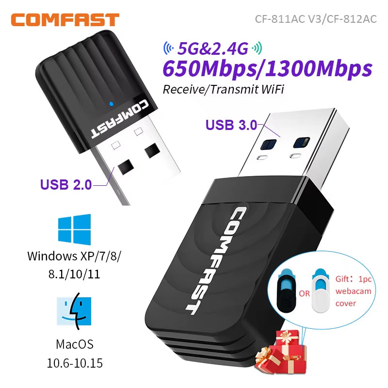 Comfast 650M/1300Mbps Wifi Adapter 2.4G&5.8G Wireless Network Card 11AC Wifi USB Adaptador Laptop PC Wifi Receiver Win 7 8 10 11