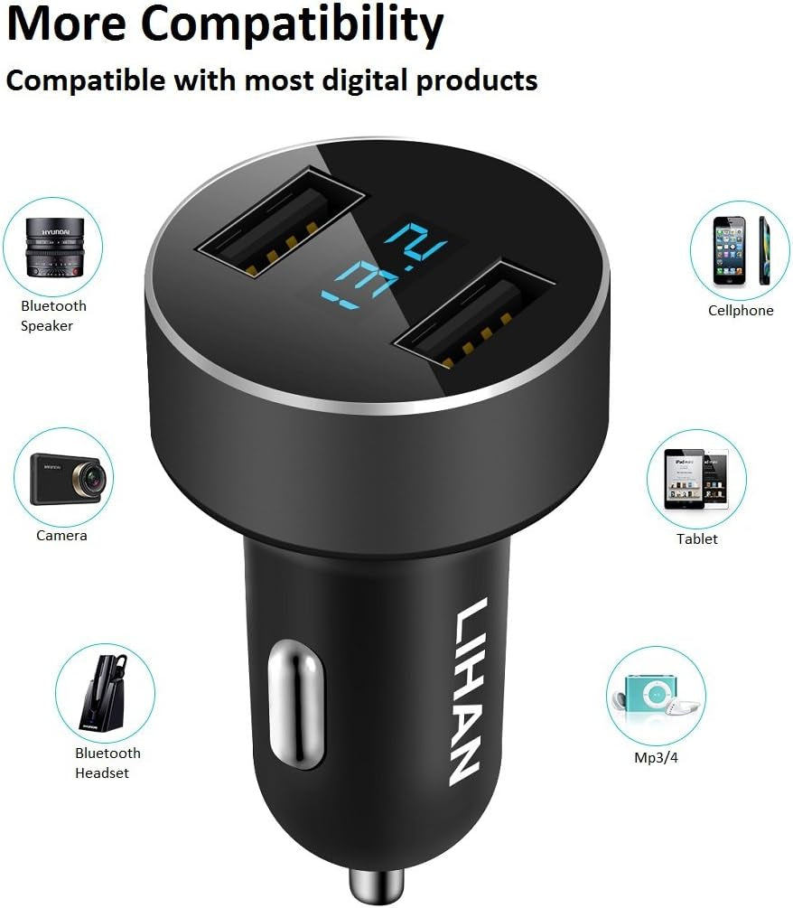 LIHAN Dual USB Car Charger, 4.8A Output, 12/24 Volt USB Adapter Plug for Cigarette Lighter Voltage Meter, Compatible with Iphone,Ipad, Samsung Galaxy, LG, Google, Black